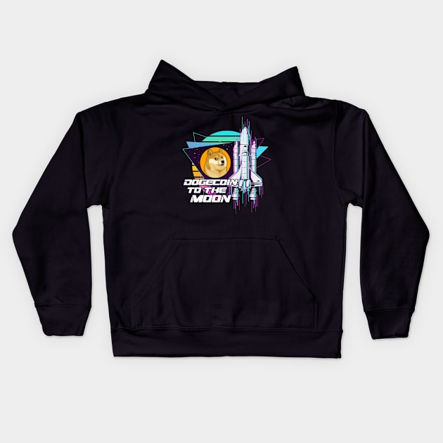 Dogecoin to the Moon Digital Crypto BTC Retro Spaceship Kids Hoodie by TheBeardComic